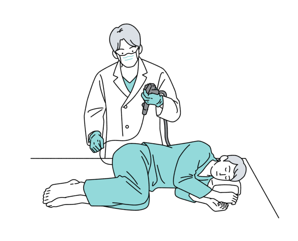 【イラスト】大腸カメラを受ける男性と医師